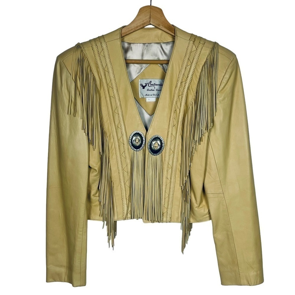 VINTAGE CONTINENTAL LEATHER SOUTHWEST BOLERO FRINGE CONCHO LAMB JACKET SKIRT SET - Picture 5 of 16
